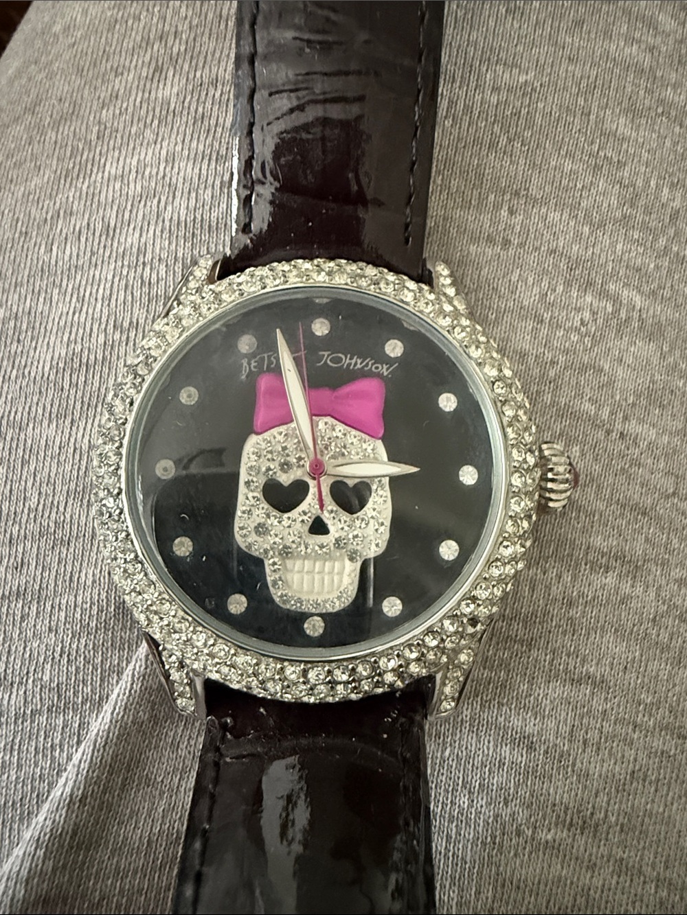 Betsey Johnson Silver Crystal Skull Watch with Pink Bow and Black Dial